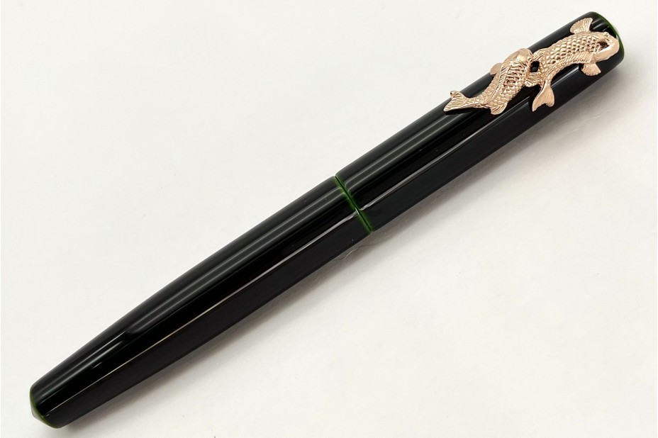 Nakaya Piccolo Long Writer Midori-Tamenuri Fountain Pen with Pink Gold Carp (Koi) Stopper